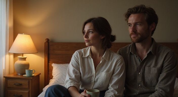 Een man en vrouw zitten op een bed in een eenvoudige slaapkamer.