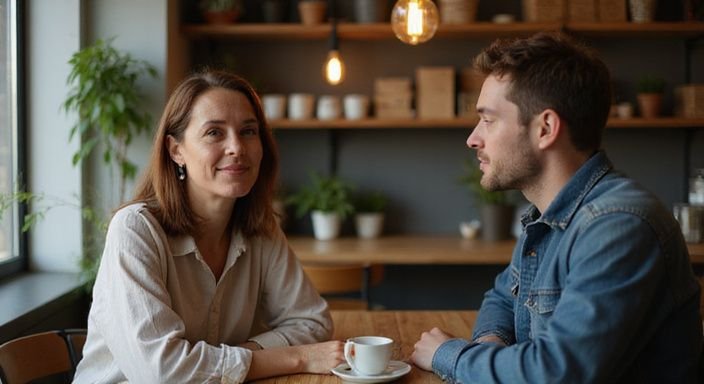 Een vrouw in haar veertiger jaren geniet van een gesprek over vrouw zoekt man voor sexcontact in een café.