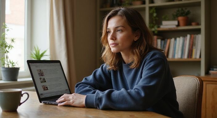 vrouw zoekt man voor sexcontact op een laptop in gezellige thuiswerkruimte.