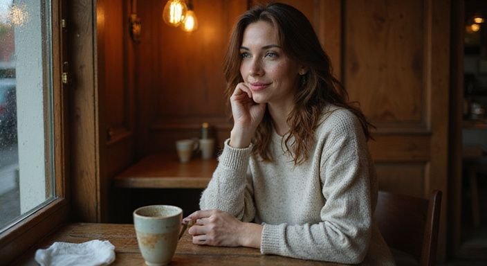 Een vrouw geniet van koffie in een gezellige café.