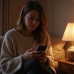 Cougar dating: vind spannende dates tussen oudere vrouwen en jongere mannen Een vrouw in haar veertig, verdiept in haar smartphone, in een gezellige woonkamer