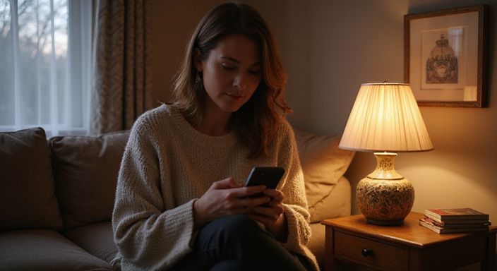 Een vrouw in haar veertig, verdiept in haar smartphone, in een gezellige woonkamer