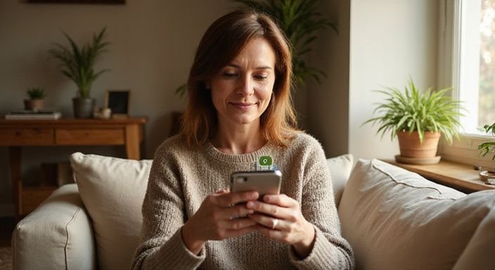 Een vrouw van middelbare leeftijd zit ontspannen op een bank.