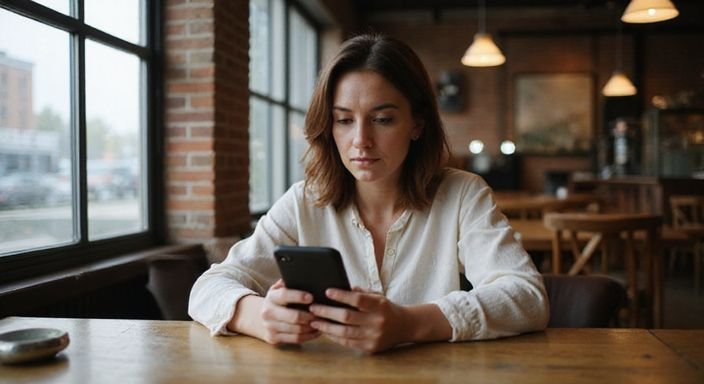 Een vrouw in een café kijkt geconcentreerd naar haar smartphone.