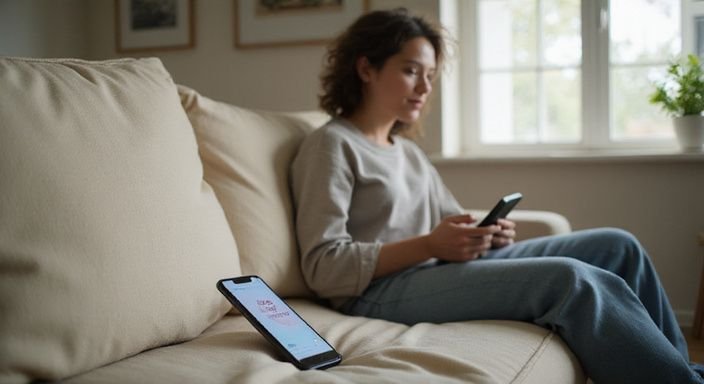 Een persoon gebruikt een smartphone in een gezellige woonkamer en wil cougar dating.