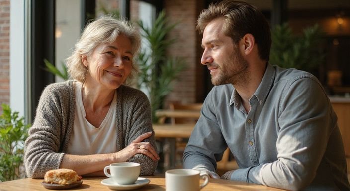 Een oudere vrouw en een jongere man genieten van gesprek over cougar dating in een café.