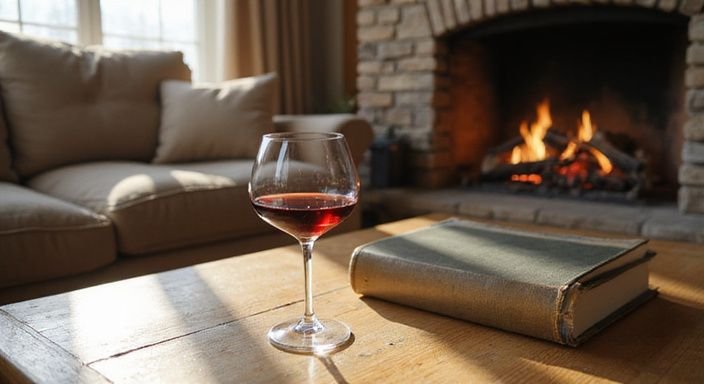 Een sfeervolle woonkamer met wijn, een boek en een open haard.