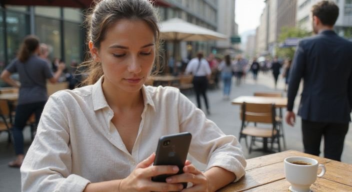Een vrouw in een café, gefocust op haar smartphone op zoek naar cougar dating.