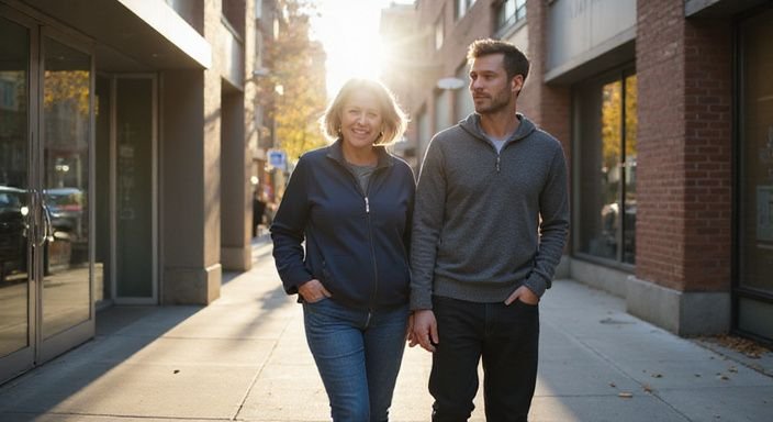 Een oudere vrouw en een jongere man wandelen ontspannen door de stad.