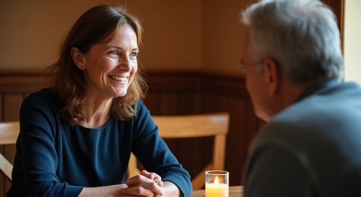 Een vrouw en haar partner delen een warme, intieme conversatie over cougar dating.