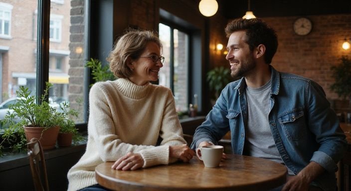 Een vrouw en man genieten van een gesprek in een café.