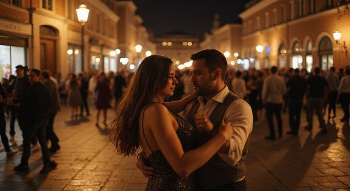 Een man en vrouw dansen salsa in een drukke stadswijk.