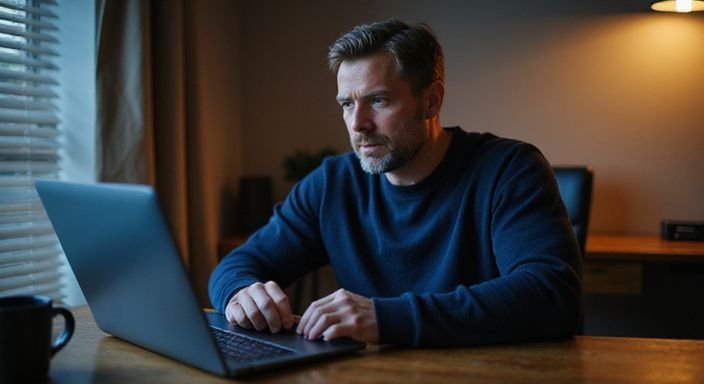 Een man in een sweater werkt geconcentreerd aan zijn laptop.