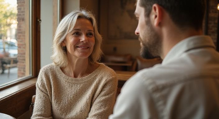 Een vrouw en man hebben een intiem gesprek over Oudere vrouwen zoeken een sexpartner in een café.