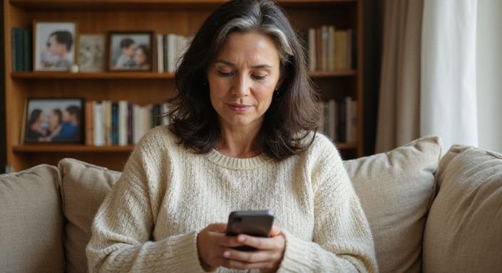 Een vrouw van begin vijftig zit op een bank en scrollt op haar telefoon.