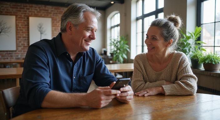 Een man en vrouw delen een warme, oprechte conversatie over Oudere vrouwen zoeken een sexpartner in een café.