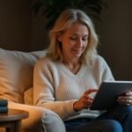 Een middeljarige vrouw zit ontspannen met een tablet in haar handen