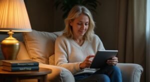 Een middeljarige vrouw zit ontspannen met een tablet in haar handen