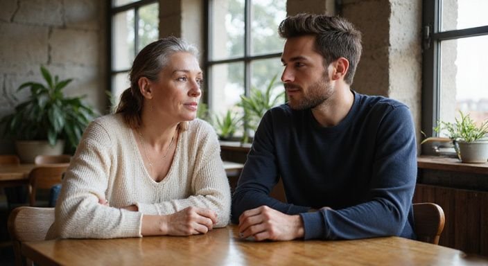 Een volwassen vrouw en een jonge man converseren in een café.
