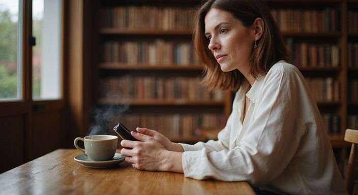 Een volwassen vrouw in een koffiehuis met een smartphone.