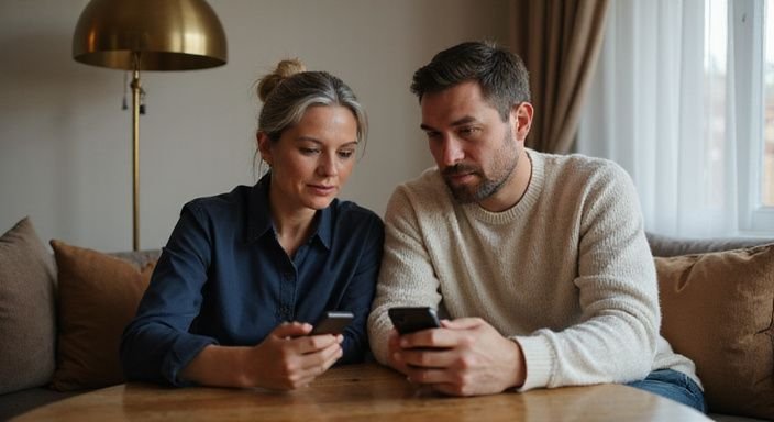 Een middle-aged paar is geconcentreerd bezig met hun smartphones aan tafel.