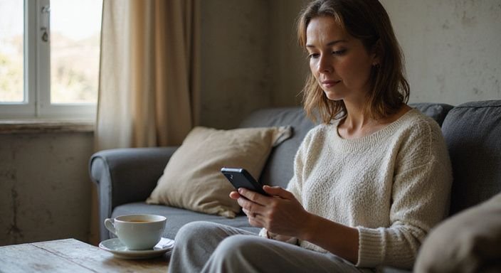 Oudere vrouwen zoeken een sexpartner: Een vrouw in haar vijftig zit op een bank en gebruikt een smartphone.