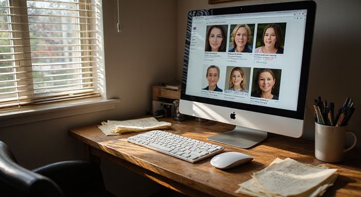 Een rommelig bureau met computer en papieren over vrouwenprofielen