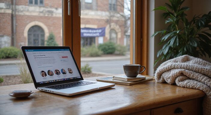 Een gezellige woonkamer met een laptop, boeken en een kop thee.