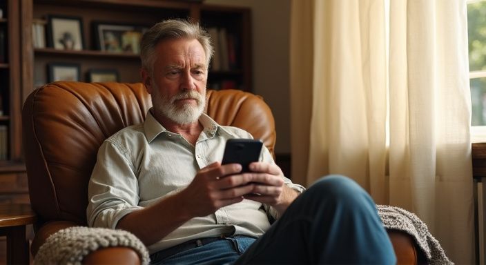 Een middelbare man zit ontspannen in een leren fauteuil met een smartphone.