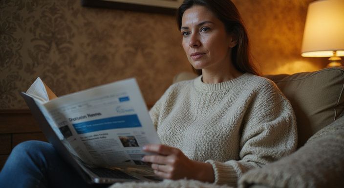 Een middelbare vrouw leest een krant met advertenties voor rijpe vrouwen sexcontact op de bank.