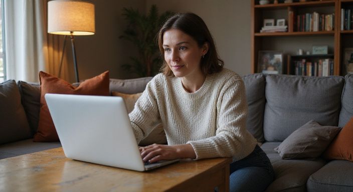 Een vrouw in een comfortabele setting typend op haar laptop en wil rijpe vrouwen sexcontact.