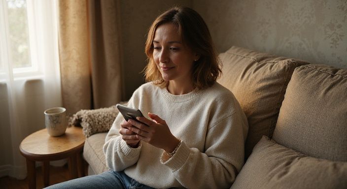 Een vrouw van 45 jaar ontspant op een versleten bank.