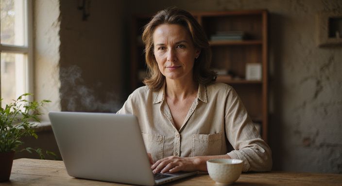 Een middelbare vrouw werkt aan haar laptop in een gezellige thuiswerkplek.