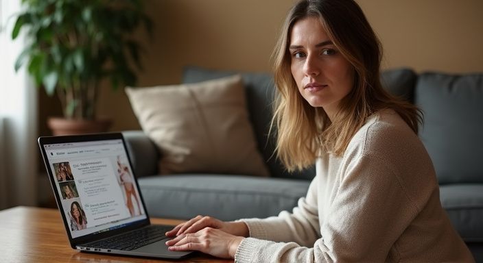 Een vrouw kijkt geconcentreerd naar online datingprofielen voor rijpe vrouwen sexcontact op haar laptop.