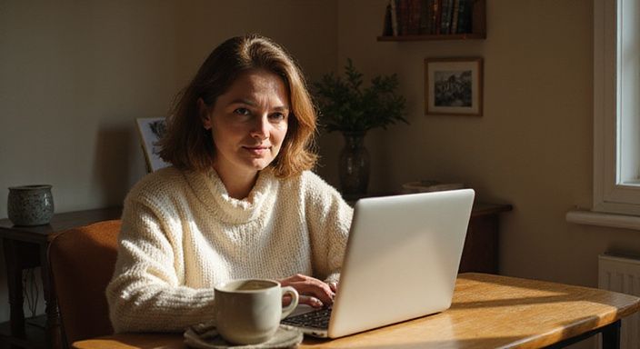 Een vrouw in een gebreide trui verdiept zich in haar laptop.