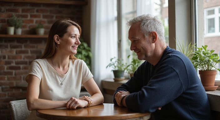 Een vrouw en man genieten van een ontspannen gesprek over rijpe vrouwen sexcontact in een café.