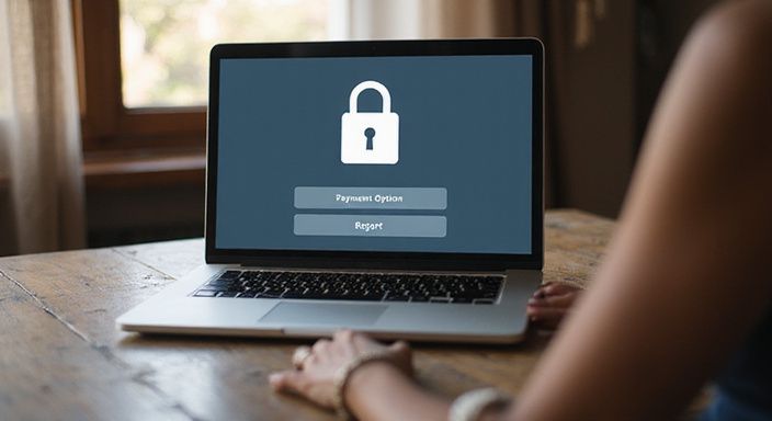 Een moderne laptop toont een beveiligingsinterface op een houten bureau.