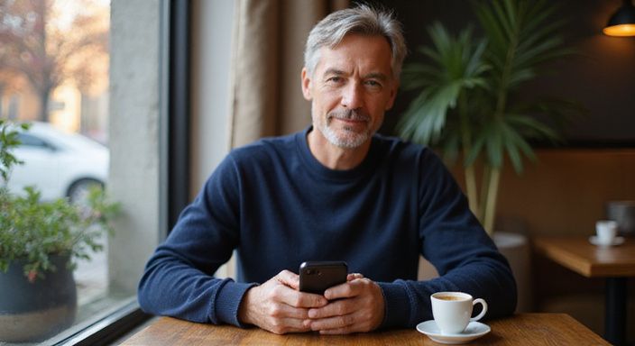 Een man zit alleen in een café en bekijkt zijn telefoon.