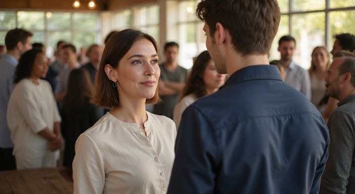 Een vrouw en een jonge man voeren een levendig gesprek.