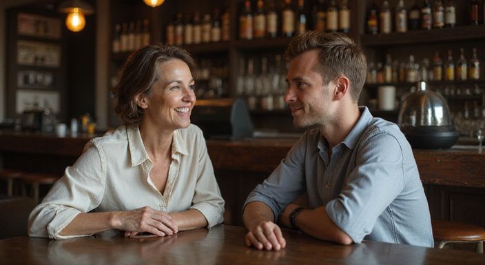 Een oudere vrouw en een jongeman delen een intiem gesprek over het verschil tussen een cougar en een  milf aan de bar.