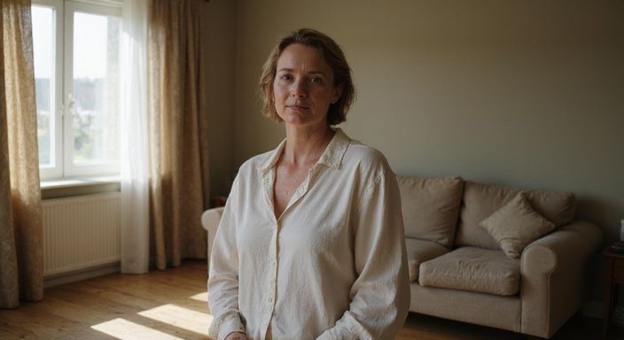 Een 40-jarige vrouw staat in een gezellige woonkamer.