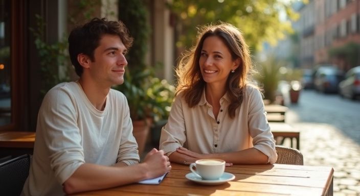 Een vrouw en een jongeman delen een ontspannen moment in een café.