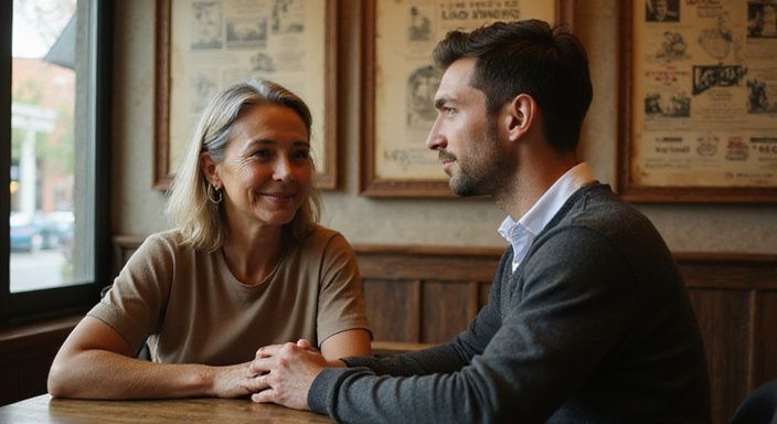 Een oudere vrouw en een jongere man genieten van een gesprek over het verschil tussen een cougar en een  milf in een café.