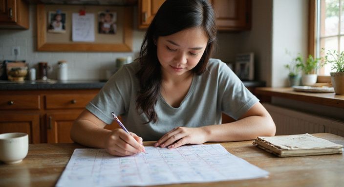 Een vrouw plant aandachtig gezinsactiviteiten aan een keukentafel.