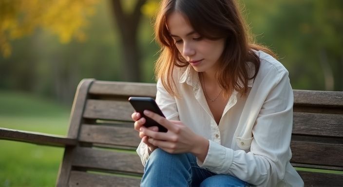 Een vrouw zit op een bank en zoekt een smartphone naar het verschil tussen een cougar en een  milf.