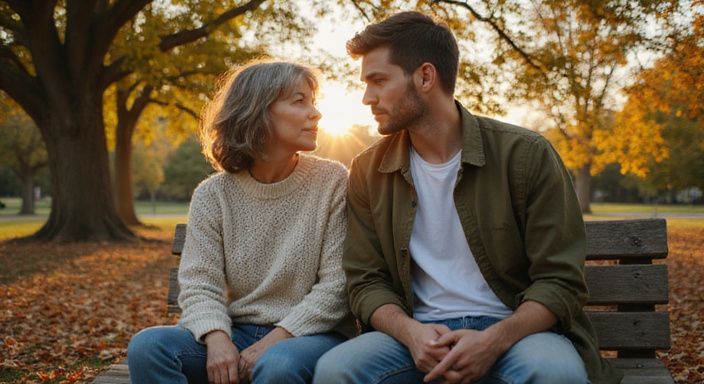 Een oudere vrouw en een jongere man delen een intiem gesprek op een bank.
