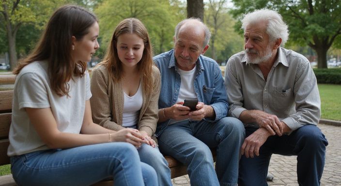 Een diverse groep mensen geniet van een ontspannen gesprek over het verschil tussen een cougar en een  milf in het park.
