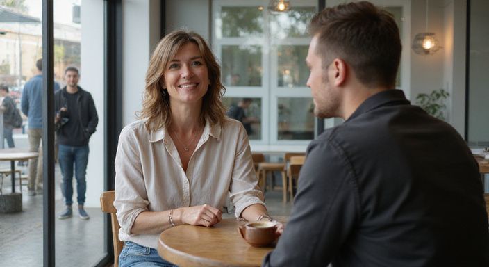 Een vrouw en jongeman genieten van een gesprek over het verschil tussen een cougar en een  milf in een café.