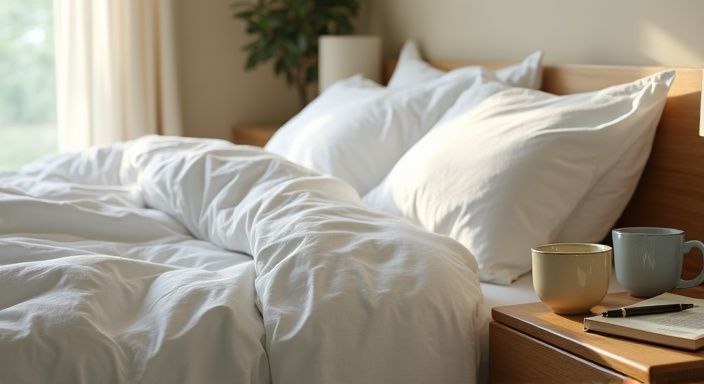 Een sfeervolle slaapkamer met een king-size bed en een nachtkastje.