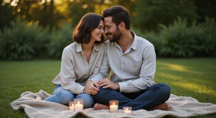 Waarom houden huisvrouwen veel van seks? Een man en vrouw delen een intiem moment in een tuin.